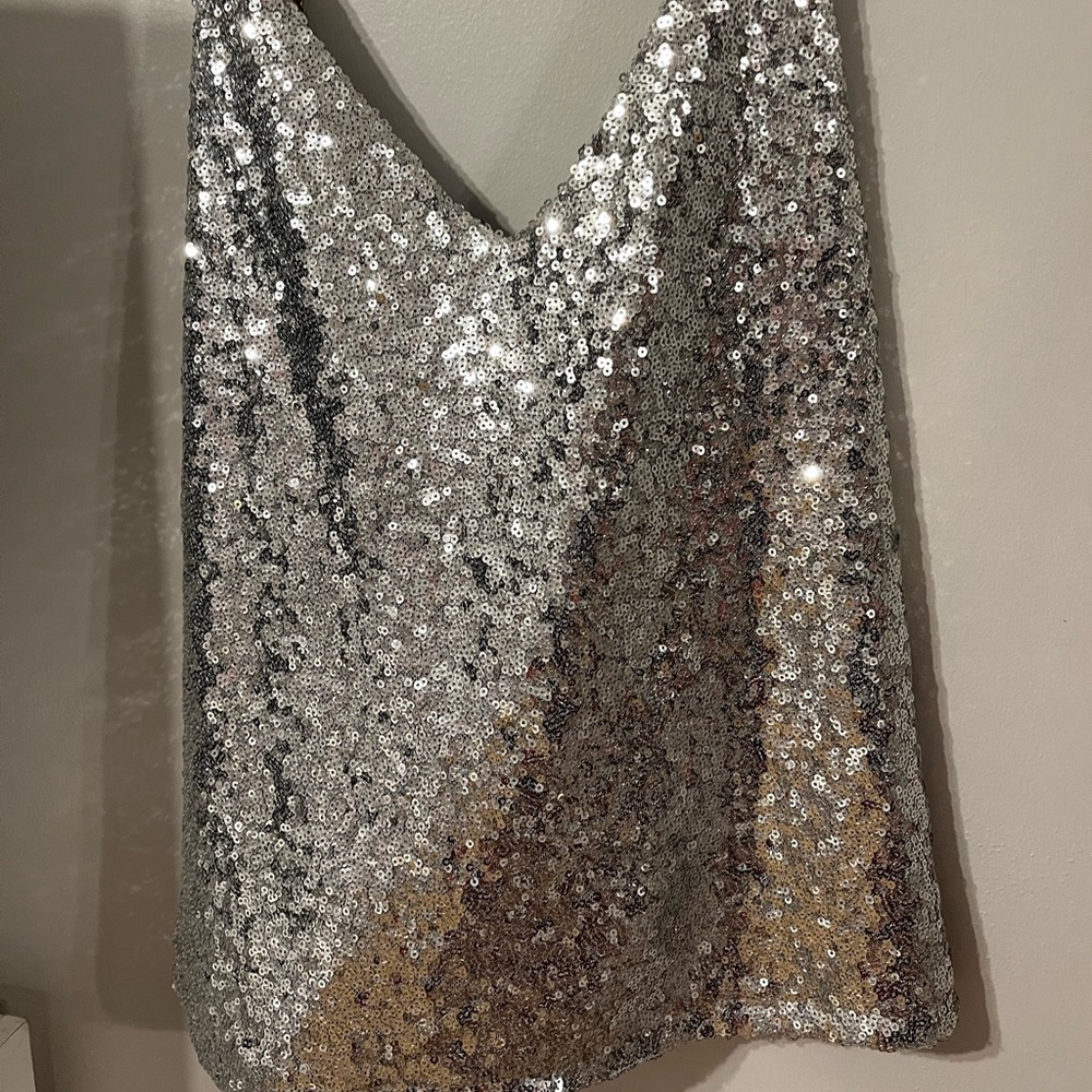 Silver sparkly top with gold straps